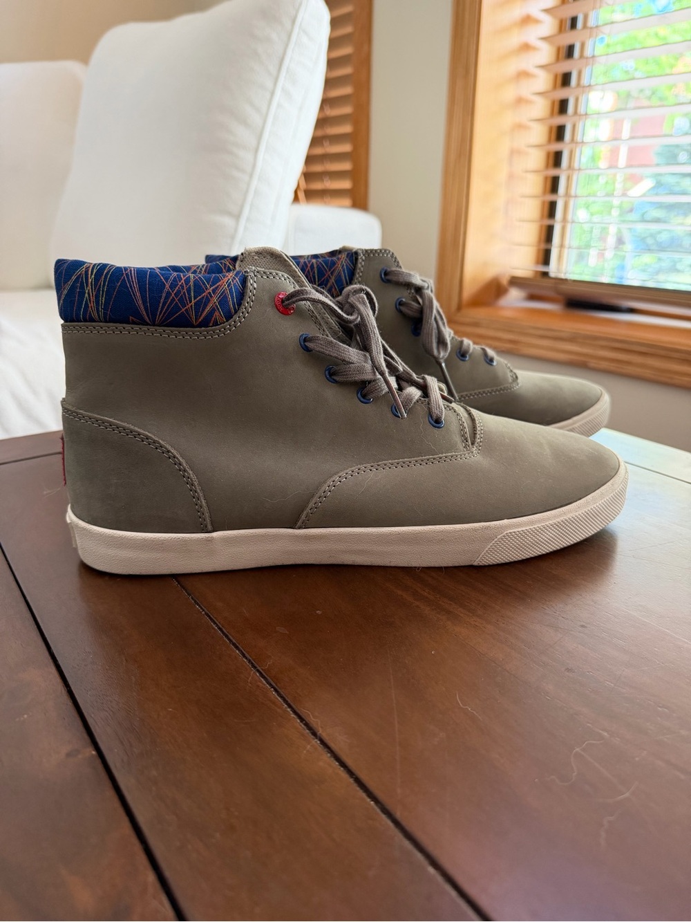 Bucket Feet Men's High-Top Sneakers in Olive with Blue Patterned Collar